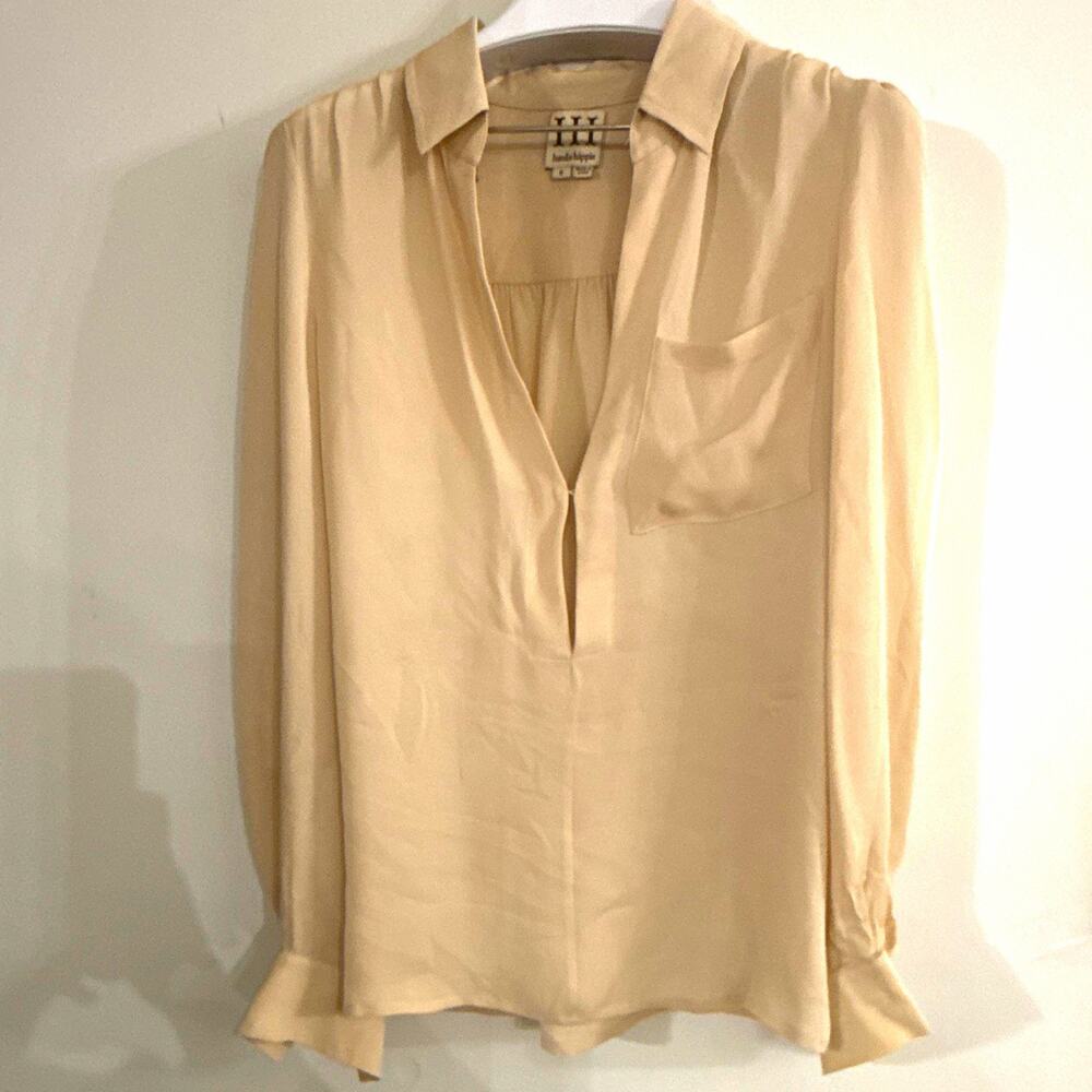 Haute Hippie Women’s Solid Beige 100% SilkCollared Pocket Blouse S
